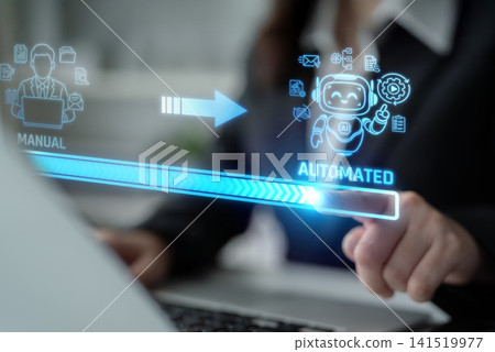 Transition from Manual to Automated Processes with Technology and Innovation in a Business Environment Represented by Illustrative Icons. Liminal 141519977