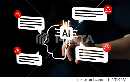 Concept of artificial intelligence with human hand interacting with digital messages and alerts in modern communication technology environment Gantry 141519981