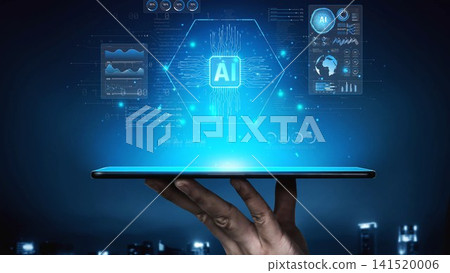 A hand holds a tablet displaying a vibrant AI interface with data visualizations, representing technological advancement in digital innovation and analytics. Sigmoid 141520006
