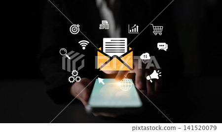 Business communication concept with stylish smartphone showing email icon and digital marketing symbols in a professional setting. Glyphic Business communication concept with stylish smartphone showing email icon and digital marketing symbols in a professional setting. Glyphic 141520079