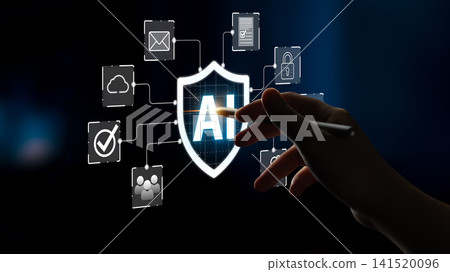 Hand Interacting with AI Security Icons Representing Digital Protection, Innovations, and Modern Technology Concepts for Data Safety. Entropy 141520096
