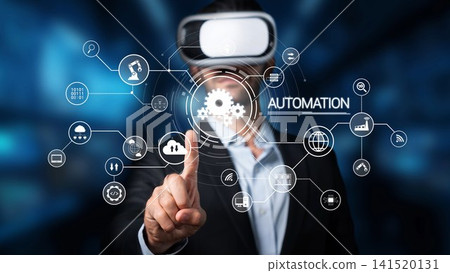 Businessman in Virtual Reality Headset Engaging with Digital Automation Interface and Technology Icons for Future Development and Innovation. Raster Businessman in Virtual Reality Headset Engaging with Digital Automation Interface and Technology Icons for Future Development and Innovation. Raster 141520131