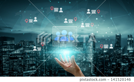 Concept of social network connections with people icons and cityscape, representing digital communication, technology interaction, and global networking in a modern urban setting Cyphers. 141520146