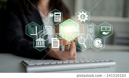Business professional holding light bulb with payroll icons representing finance, accounting, management, and technology in modern digital workspace concept Fluxor Business professional holding light bulb with payroll icons representing finance, accounting, management, and technology in modern digital workspace concept Fluxor 141520183