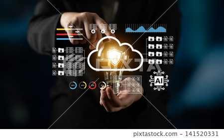 Business professional presenting cloud computing technology with security and artificial intelligence elements for digital transformation in modern enterprises Gantry Business professional presenting cloud computing technology with security and artificial intelligence elements for digital transformation in modern enterprises Gantry 141520331