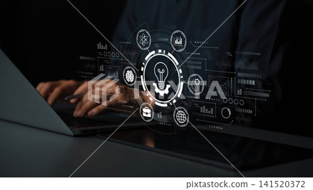 Innovative Business Ideas Through Technology Visualized with Graphs and Icons on a Dark Background with a Laptop and Hands Engaged in Work. Entropy Innovative Business Ideas Through Technology Visualized with Graphs and Icons on a Dark Background with a Laptop and Hands Engaged in Work. Entropy 141520372