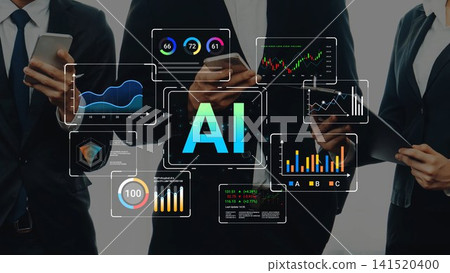 Business Professionals Analyzing AI Data with Graphs and Statistics on Digital Devices in a Modern Office Setting Gluon 141520400