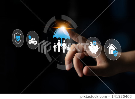 Interactive Hand Touching Digital Icons Representing Insurance, Family, Savings, and Home Protection in a Modern Design Concept. Glyphic Interactive Hand Touching Digital Icons Representing Insurance, Family, Savings, and Home Protection in a Modern Design Concept. Glyphic 141520403