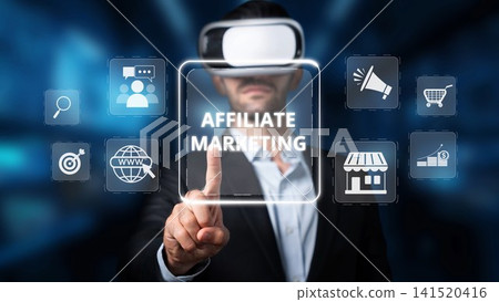 Businessman Wearing Virtual Reality Headset Engaging with Digital Affiliate Marketing Concept in Futuristic Setting with Interactive Icons. Raster Businessman Wearing Virtual Reality Headset Engaging with Digital Affiliate Marketing Concept in Futuristic Setting with Interactive Icons. Raster 141520416