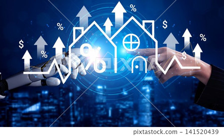 Futuristic Real Estate Concept with Robot Hand and Human Hand Pointing at House Icons Overlaid on Financial Growth Graphs Gluon Futuristic Real Estate Concept with Robot Hand and Human Hand Pointing at House Icons Overlaid on Financial Growth Graphs Gluon 141520439
