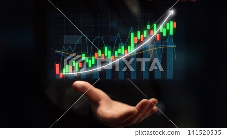Business person presenting digital stock market graph with rising trend, financial investment visualization and growth analysis in modern technology concept Copula Business person presenting digital stock market graph with rising trend, financial investment visualization and growth analysis in modern technology concept Copula 141520535