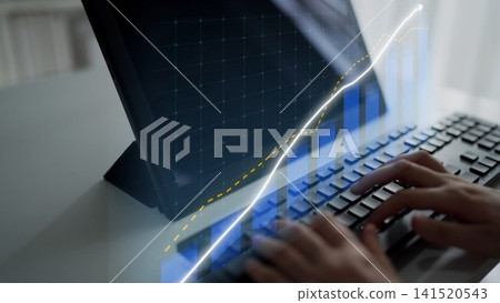 Business and Technology Concept Featuring Hands Typing on Keyboard with Data Visualization and Growth Graph on Computer Screen in Modern Office Setting Copula Business and Technology Concept Featuring Hands Typing on Keyboard with Data Visualization and Growth Graph on Computer Screen in Modern Office Setting Copula 141520543