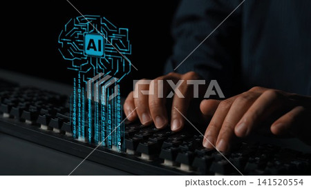 Hands Typing on Keyboard with AI Concept, Digital Brain Illustration, Technology and Innovation, Future and Cyber Intelligence, Data Processing Gluon Hands Typing on Keyboard with AI Concept, Digital Brain Illustration, Technology and Innovation, Future and Cyber Intelligence, Data Processing Gluon 141520554