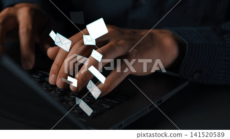 Hands Typing on Laptop Keyboard with Floating Email Icons Representing Digital Communication and Technology in Modern Work Environment. Entropy Hands Typing on Laptop Keyboard with Floating Email Icons Representing Digital Communication and Technology in Modern Work Environment. Entropy 141520589