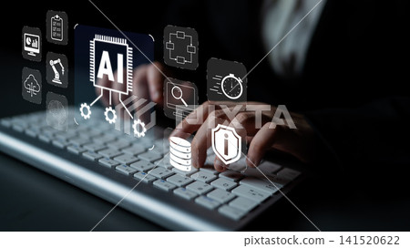 Innovative Technology Concept of Artificial Intelligence with Digital Interface Icons and Human Hands Typing on Keyboard in Modern Workspace Quark Innovative Technology Concept of Artificial Intelligence with Digital Interface Icons and Human Hands Typing on Keyboard in Modern Workspace Quark 141520622