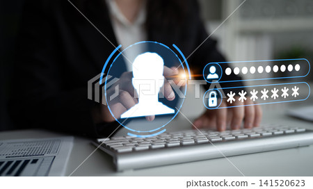 Business professional using digital interface for secure login with password protection and user authentication in modern office setting. Sentient 141520623