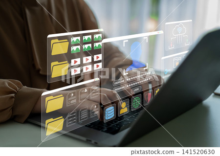 Modern User Interface Showing Digital Files and Data Management Concepts on Laptop Display for Future Technologies and Business Solutions Haptic Modern User Interface Showing Digital Files and Data Management Concepts on Laptop Display for Future Technologies and Business Solutions Haptic 141520630