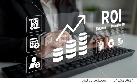 Business professional analyzing financial data with charts, graphs, and indicators illustrating return on investment and growth metrics on a digital screen Ledger Business professional analyzing financial data with charts, graphs, and indicators illustrating return on investment and growth metrics on a digital screen Ledger 141520634