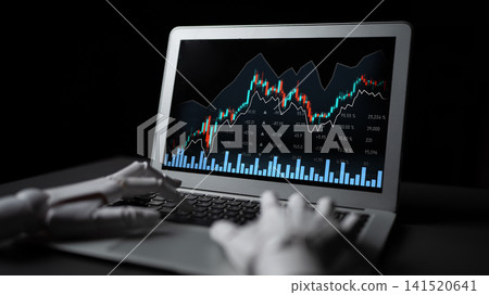 Laptop Displaying Financial Trading Graph with Robotic Hands Analyzing Stock Prices in Dark Minimalist Setting Scalp Laptop Displaying Financial Trading Graph with Robotic Hands Analyzing Stock Prices in Dark Minimalist Setting Scalp 141520641