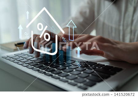 Hands typing on laptop keyboard with graphic icons of rising arrows and percentage signs representing growth in data analysis and financial investment trends. Gantry Hands typing on laptop keyboard with graphic icons of rising arrows and percentage signs representing growth in data analysis and financial investment trends. Gantry 141520672
