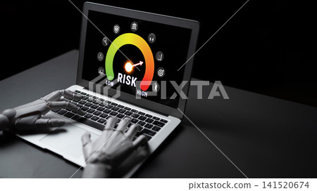 Digital Risk Assessment Concept with Robotic Hand Typing on Laptop Displaying Risk Meter from Low to High for Cybersecurity and Technology Themes Fluxor Digital Risk Assessment Concept with Robotic Hand Typing on Laptop Displaying Risk Meter from Low to High for Cybersecurity and Technology Themes Fluxor 141520674