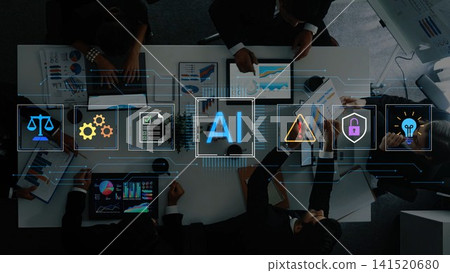 Business Meeting Focused on Artificial Intelligence and Data Analytics with Visual Graphics Representing Technology and Security Concepts. Entropy Business Meeting Focused on Artificial Intelligence and Data Analytics with Visual Graphics Representing Technology and Security Concepts. Entropy 141520680