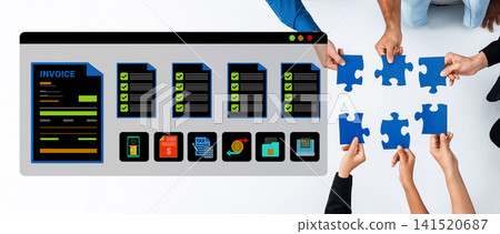 Collaborative Teamwork in Business Process with Puzzle Pieces and Invoice Digital Interface for Project Management Solutions Ledger 141520687