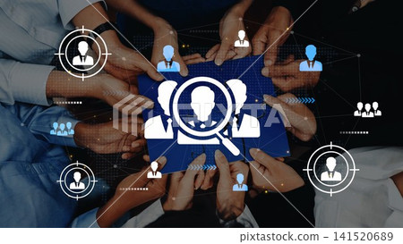Multiple Hands Gathering Around a Central Graphic of a Person Icon with Magnifying Glass, Symbolizing Teamwork and Collaboration in Recruitment Process. Entropy Multiple Hands Gathering Around a Central Graphic of a Person Icon with Magnifying Glass, Symbolizing Teamwork and Collaboration in Recruitment Process. Entropy 141520689
