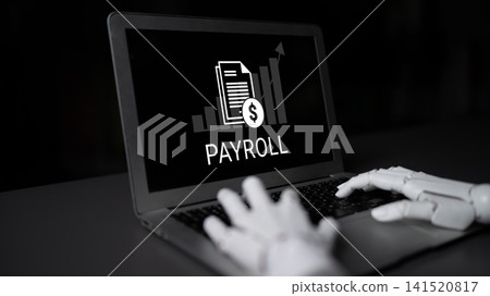 Robotic Hand Operating Laptop Displaying Payroll Concept with Graph and Dollar Sign For Financial Management and Automation in Modern Business Ledger Robotic Hand Operating Laptop Displaying Payroll Concept with Graph and Dollar Sign For Financial Management and Automation in Modern Business Ledger 141520817