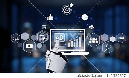 Futuristic Technology Concept Featuring Robotic Hand Interacting with Digital Marketing Icons and Data Analytics Graphics on Laptop Screen Synapse Futuristic Technology Concept Featuring Robotic Hand Interacting with Digital Marketing Icons and Data Analytics Graphics on Laptop Screen Synapse 141520827