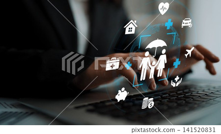 Business Professional Using Laptop Surrounded by Insurance and Health Icons for Financial Planning and Protection Services in Modern Office Environment. Entropy Business Professional Using Laptop Surrounded by Insurance and Health Icons for Financial Planning and Protection Services in Modern Office Environment. Entropy 141520831