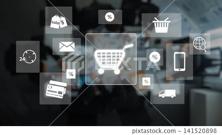 Modern Digital Shopping Concept Showing Cart Icon Surrounded by Online Purchase Symbols Representing E-commerce and Retail Experience. Raster 141520898