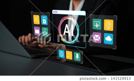 Futuristic Interface Displaying Artificial Intelligence Features with Icons for Security, Communication, and Data Management in Modern Business Setting Gluon Futuristic Interface Displaying Artificial Intelligence Features with Icons for Security, Communication, and Data Management in Modern Business Setting Gluon 141520913