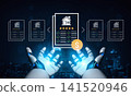 Hands of a robotic agent displaying property listings with ratings and currency sign, representing real estate technology and innovation in digital transactions Ledger 141520946
