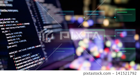 Software architecture and system workflow diagram. Futuristic flowchart overlaid on computer screen with programming code, panoramic banner. Software architecture and system workflow diagram. Futuristic flowchart overlaid on computer screen with programming code, panoramic banner. 141521792
