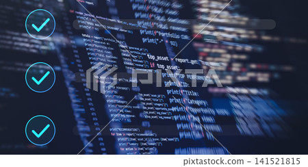 Fast automated business reporting and task completion concept. Digital dashboard with approval checkmarks and financial data script. Panoramic background. Fast automated business reporting and task completion concept. Digital dashboard with approval checkmarks and financial data script. Panoramic background. 141521815