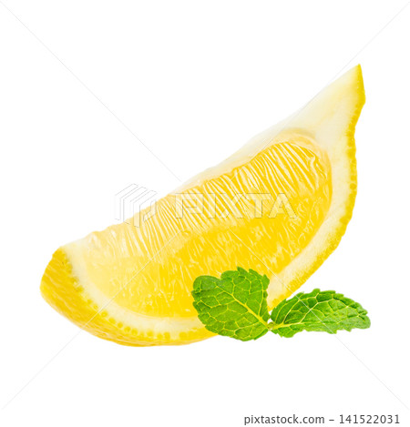 Fresh Lemon Wedge with Mint Isolated on White Background Fresh Lemon Wedge with Mint Isolated on White Background 141522031