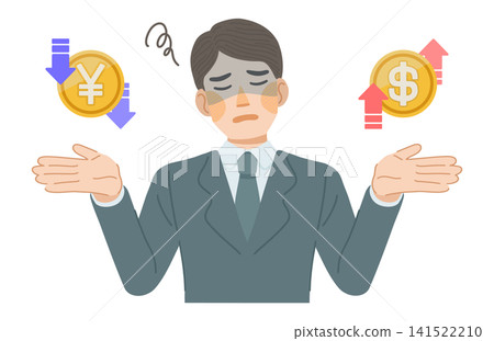 An illustration of a man in a suit who is saddened by the weak yen and strong dollar. An illustration of a man in a suit who is saddened by the weak yen and strong dollar. 141522210