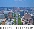 An aerial view of the cityscape and tree-lined streets under a blue sky. 141523436