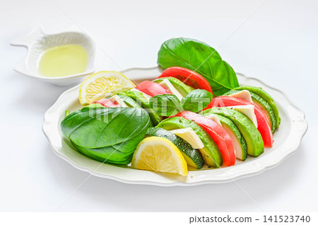 Caprese-style salad with zucchini, avocado, and tomato Caprese-style salad with zucchini, avocado, and tomato 141523740
