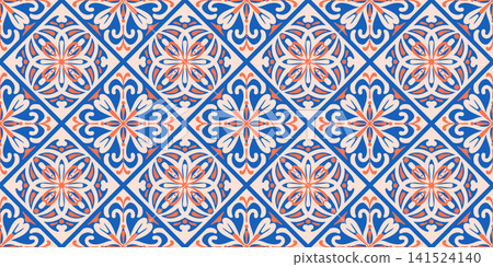 Mediterranean tile seamless pattern with blue ceramic ornaments. Portuguese mosaic design. Traditional floral motifs for traditional Spanish azulejo style to modern interiors. Vector Amalfi decor 141524140