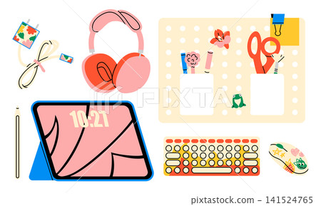 Cute study desk workplace set illustration Cute study desk workplace set illustration 141524765
