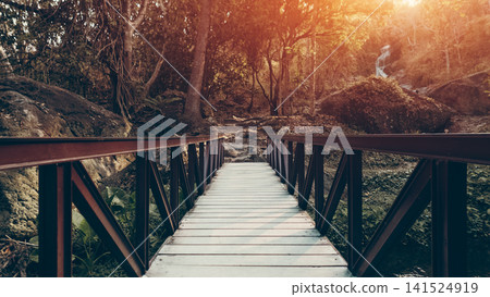 Wooden bridge perspective leading to waterfall trail in forest, scenic nature walkway entrance with trees rocks and sunlight in jungle park Wooden bridge perspective leading to waterfall trail in forest, scenic nature walkway entrance with trees rocks and sunlight in jungle park 141524919