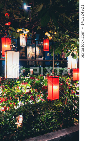 colorful lanterns glowing in thailand night street, tropical evening garden with illuminated lamps colorful lanterns glowing in thailand night street, tropical evening garden with illuminated lamps 141524921