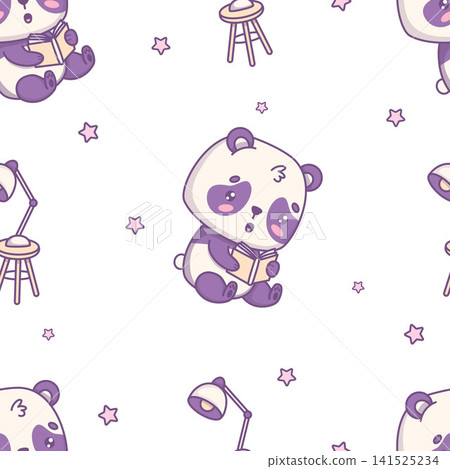 Seamless Pattern with Cute Panda Reading Book on White Background with Table Lamp and Star. Kawaii Cartoon Cozy Character. Vector Illustration. Kids collection for Education, Hobby and Bedtime Stories Seamless Pattern with Cute Panda Reading Book on White Background with Table Lamp and Star. Kawaii Cartoon Cozy Character. Vector Illustration. Kids collection for Education, Hobby and Bedtime Stories 141525234
