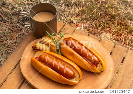 Hot dog - Photo of a homemade hot dog outdoors Hot dog - Photo of a homemade hot dog outdoors 141525447