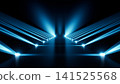 Symmetrical blue stage lights forming converging beams over reflective pathway with dramatic dark backdrop and strong geometric depth 141525568