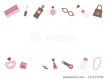 A simple and cute cosmetic illustration with a horizontal frame featuring perfume, cosmetics, bags, and accessories. A simple and cute cosmetic illustration with a horizontal frame featuring perfume, cosmetics, bags, and accessories. 141525706