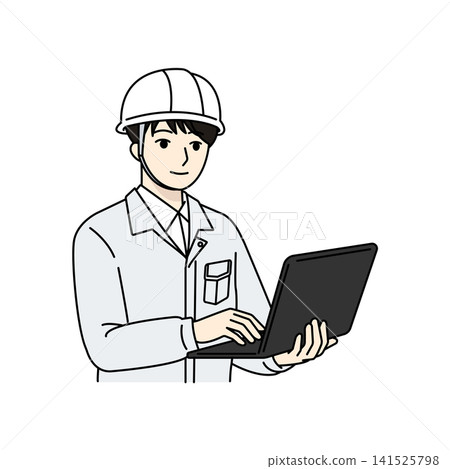 Male worker, helmet, white work clothes, computer operation. Male worker, helmet, white work clothes, computer operation. 141525798