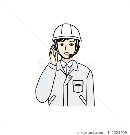 Male worker, helmet, white work uniform, intercom Male worker, helmet, white work uniform, intercom 141525799